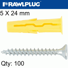 RAWLPLUG Universal Plug Uno 5 X 24Mm With Screw 100 Psc Per Tub