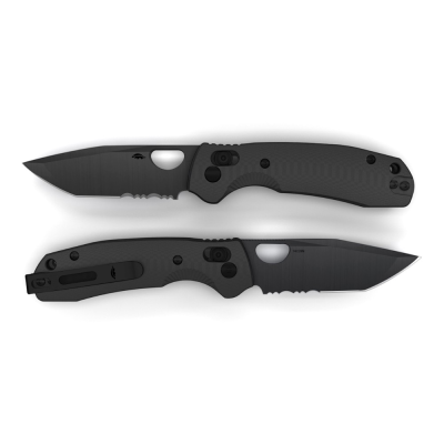 (image for) HB CROSS-BOLT TANTO PLAIN SERRATED MED-LARGE L/R BLK PVD 14C BLK G10