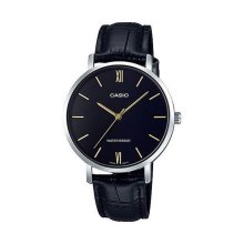 Casio Analog Round Case Leather Watch - Black