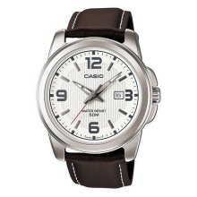 Casio Analog Brown Leather Date White Watch