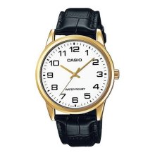 Casio Analog Black Leather Gold Bezel Watch