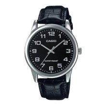 Casio Analog Black Leather Silver Bezel Watch